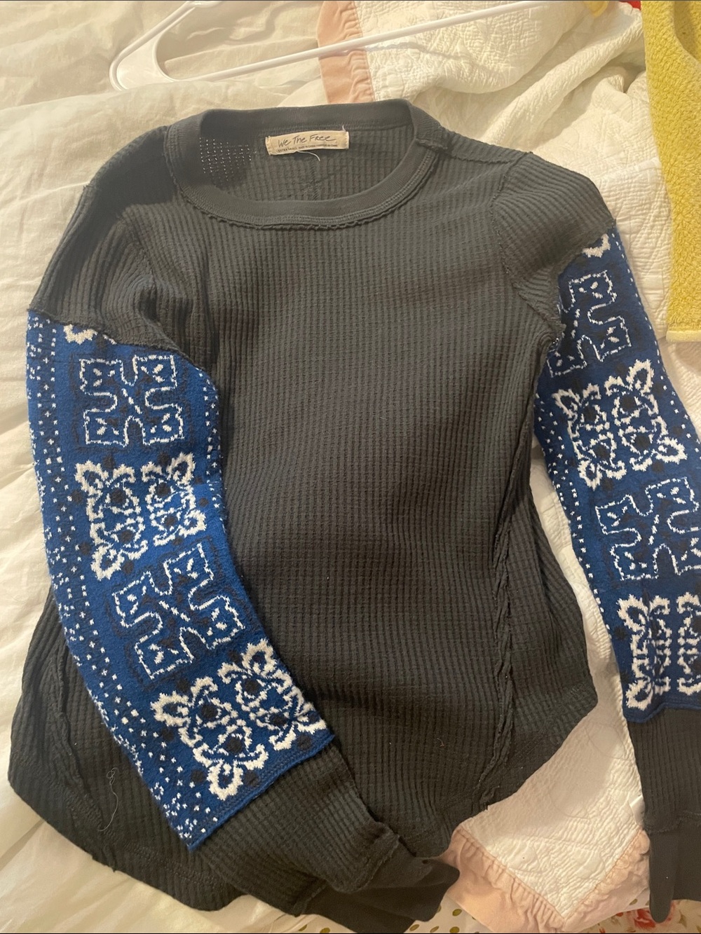 We The Free dark grey long sleeve with Blue and White patterned sleeves. Size XS